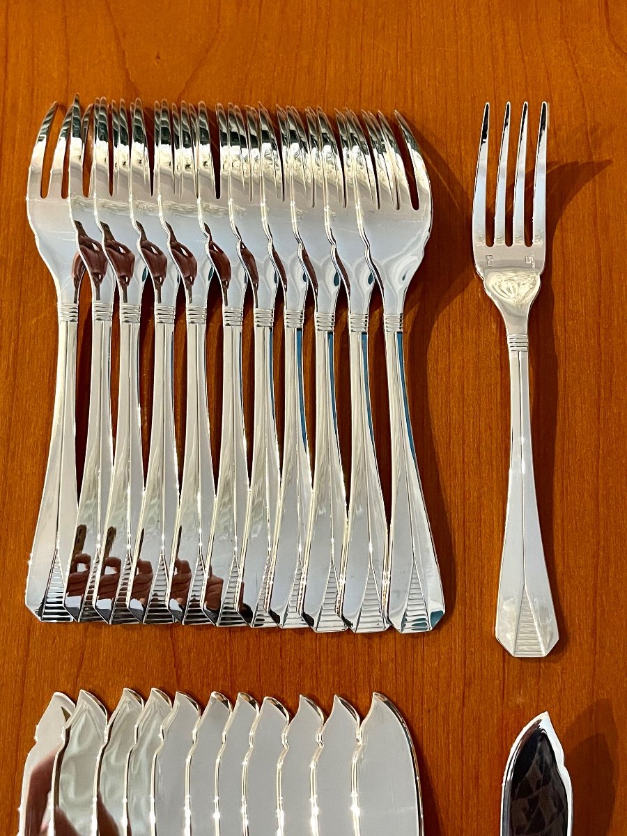 Christofle Atlantide, 12 Fish Cutlery With Serving Cutlery, New Condition -photo-4