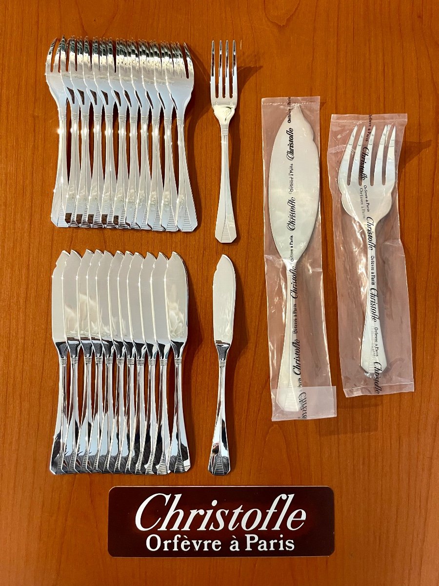 Christofle Atlantide, 12 Fish Cutlery With Serving Cutlery, New Condition 