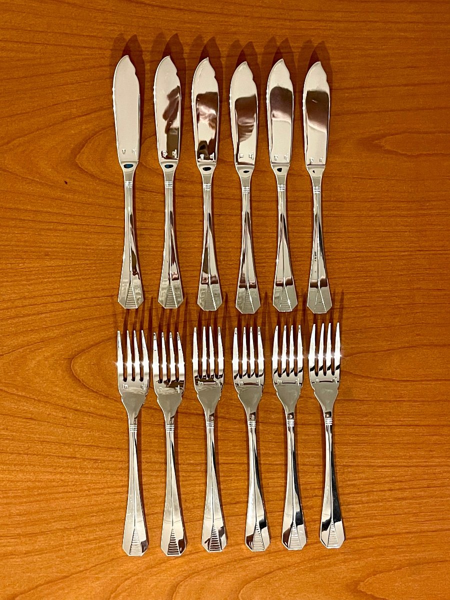 Christofle Atlantide, 6 Fish Cutlery Sets: 12 Pieces, New Condition -photo-2