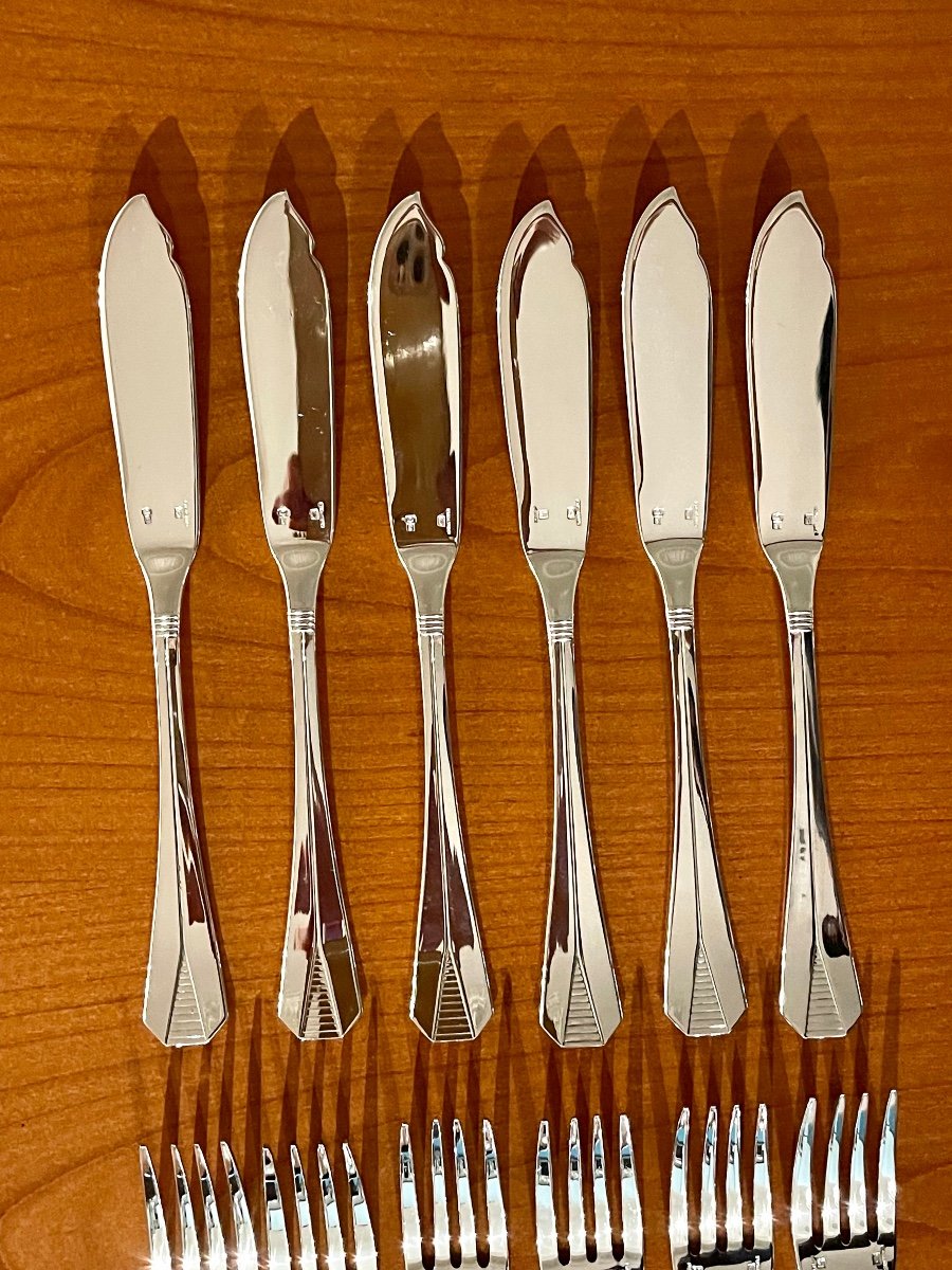 Christofle Atlantide, 6 Fish Cutlery Sets: 12 Pieces, New Condition -photo-4