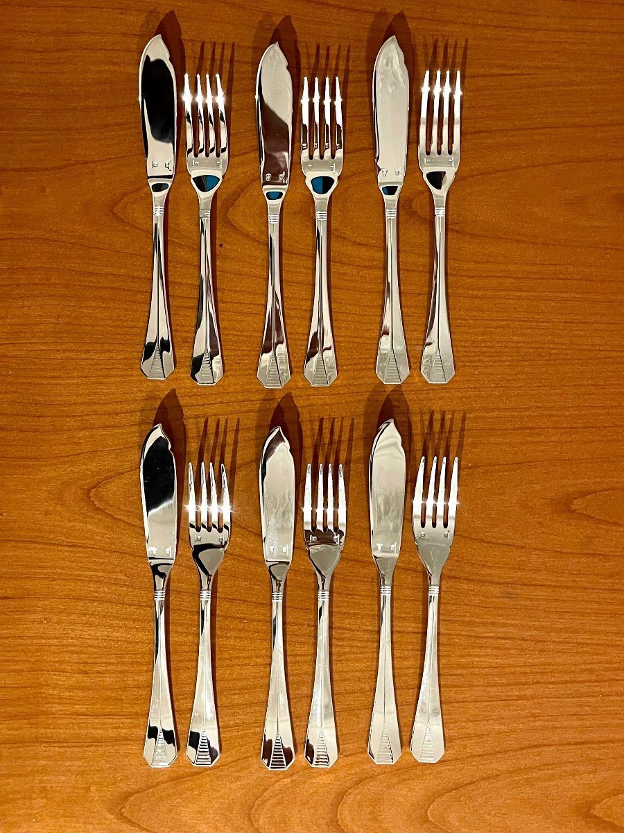 Christofle Atlantide, 6 Fish Cutlery Sets: 12 Pieces, New Condition 