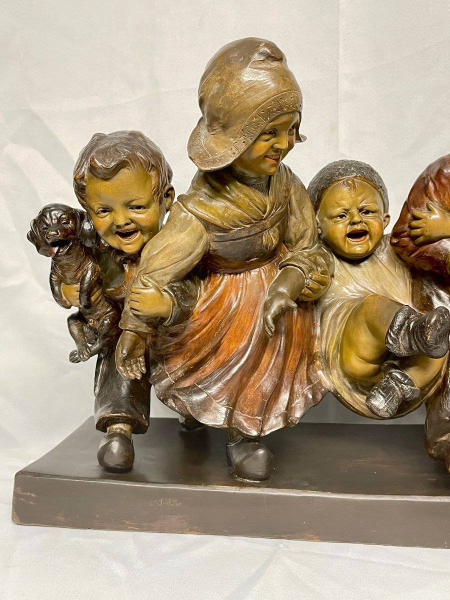 "children's Farandole" Hans Gurazde For Fritz Kochendörfer, Large Polychrome Terracotta 55 Cm-photo-2