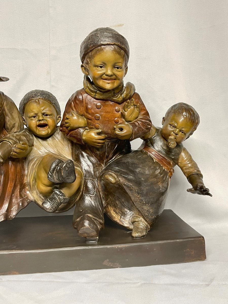 "children's Farandole" Hans Gurazde For Fritz Kochendörfer, Large Polychrome Terracotta 55 Cm-photo-3