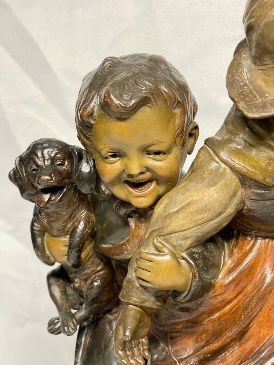 "children's Farandole" Hans Gurazde For Fritz Kochendörfer, Large Polychrome Terracotta 55 Cm-photo-4