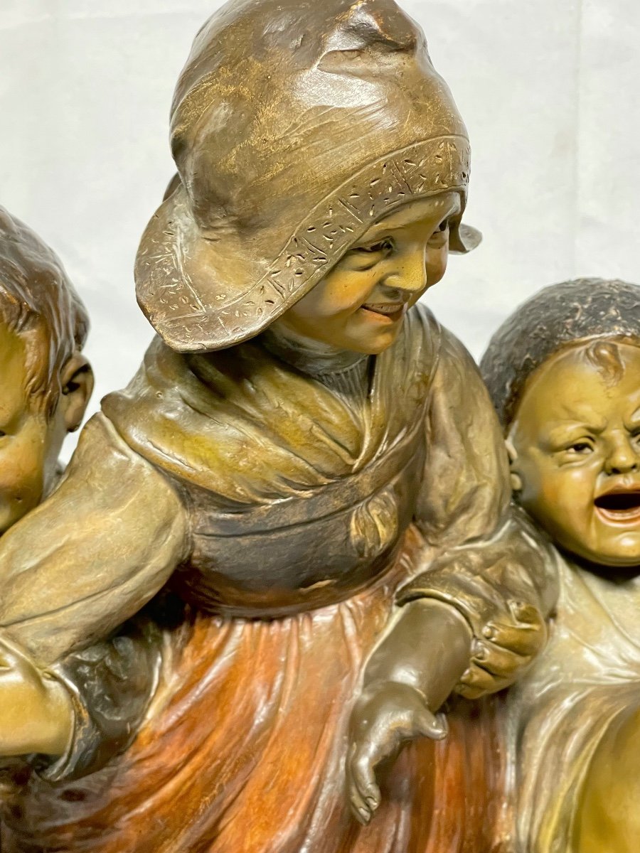 "children's Farandole" Hans Gurazde For Fritz Kochendörfer, Large Polychrome Terracotta 55 Cm-photo-1