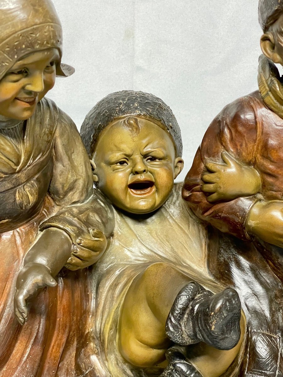 "children's Farandole" Hans Gurazde For Fritz Kochendörfer, Large Polychrome Terracotta 55 Cm-photo-2