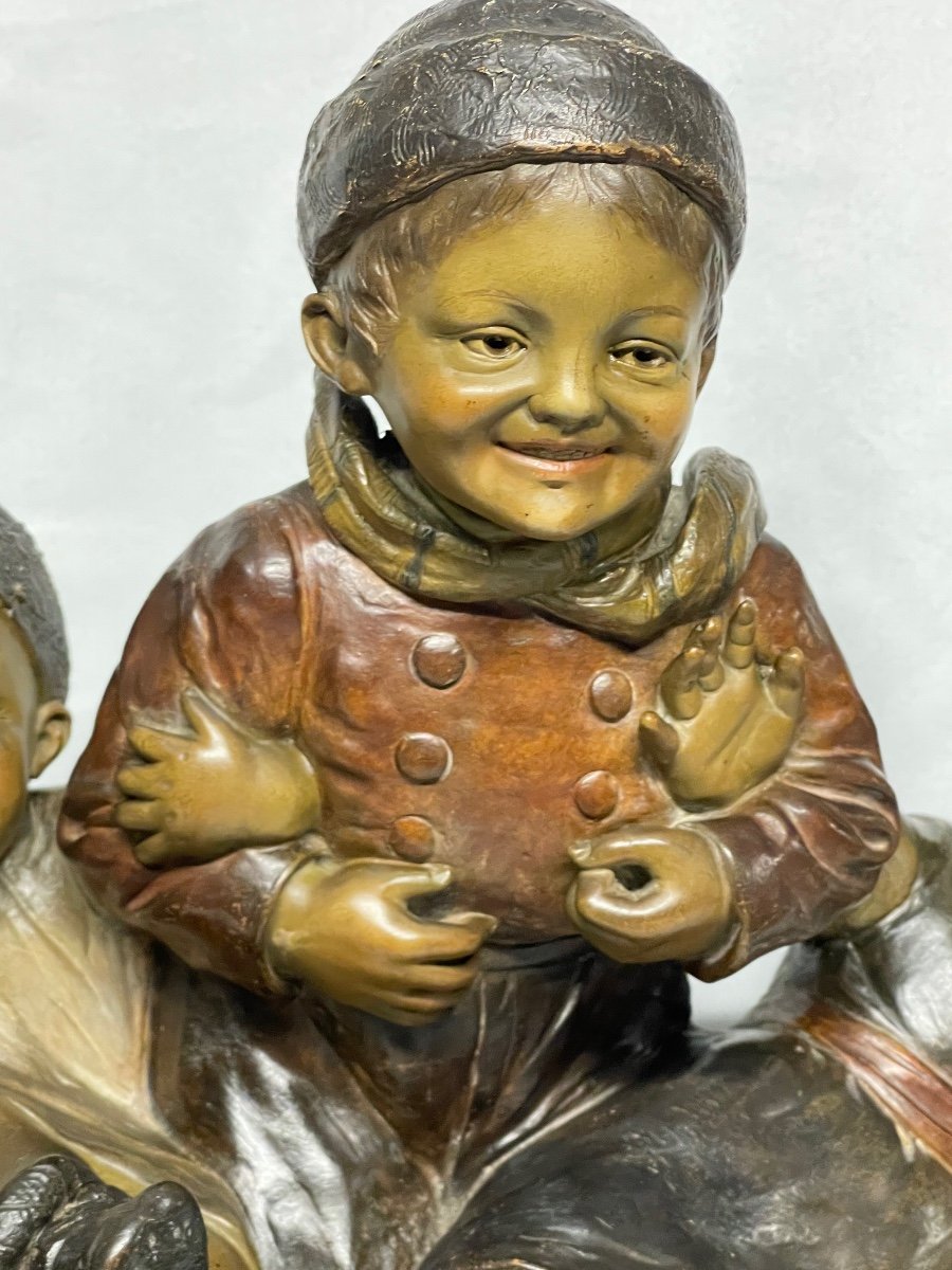 "children's Farandole" Hans Gurazde For Fritz Kochendörfer, Large Polychrome Terracotta 55 Cm-photo-3