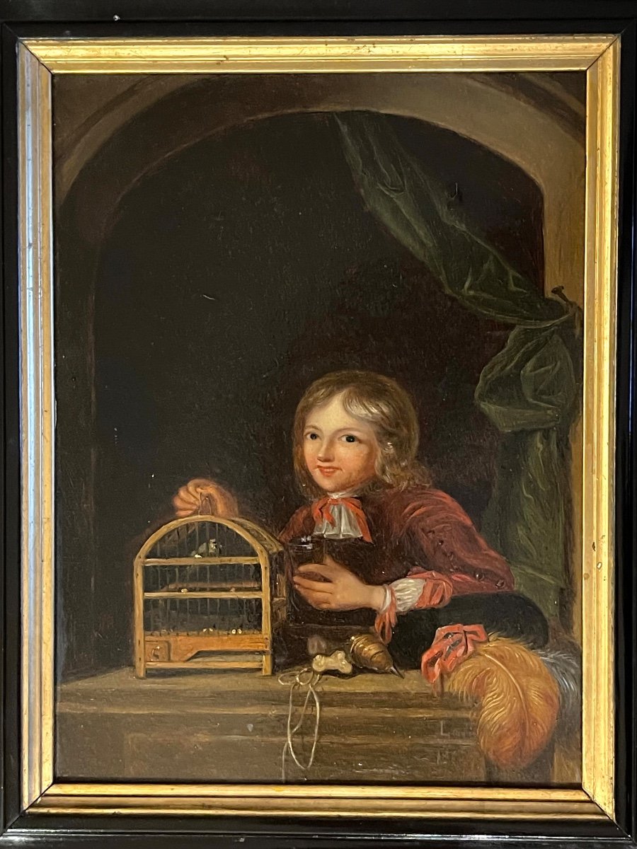 Painting, Child In A Birdcage Signed Lainé 1863 -photo-3