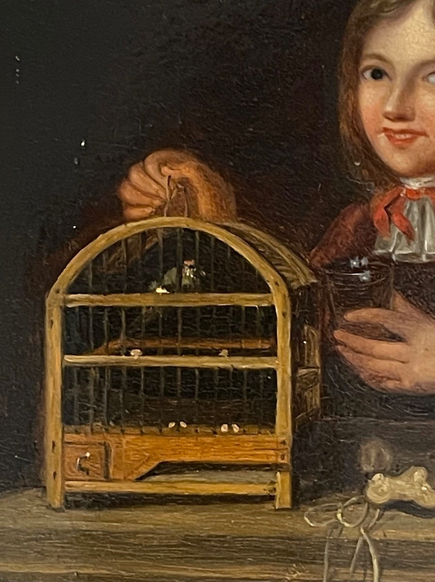 Painting, Child In A Birdcage Signed Lainé 1863 -photo-2