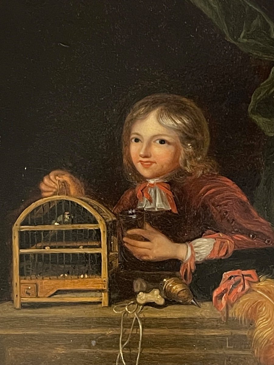 Painting, Child In A Birdcage Signed Lainé 1863 -photo-7