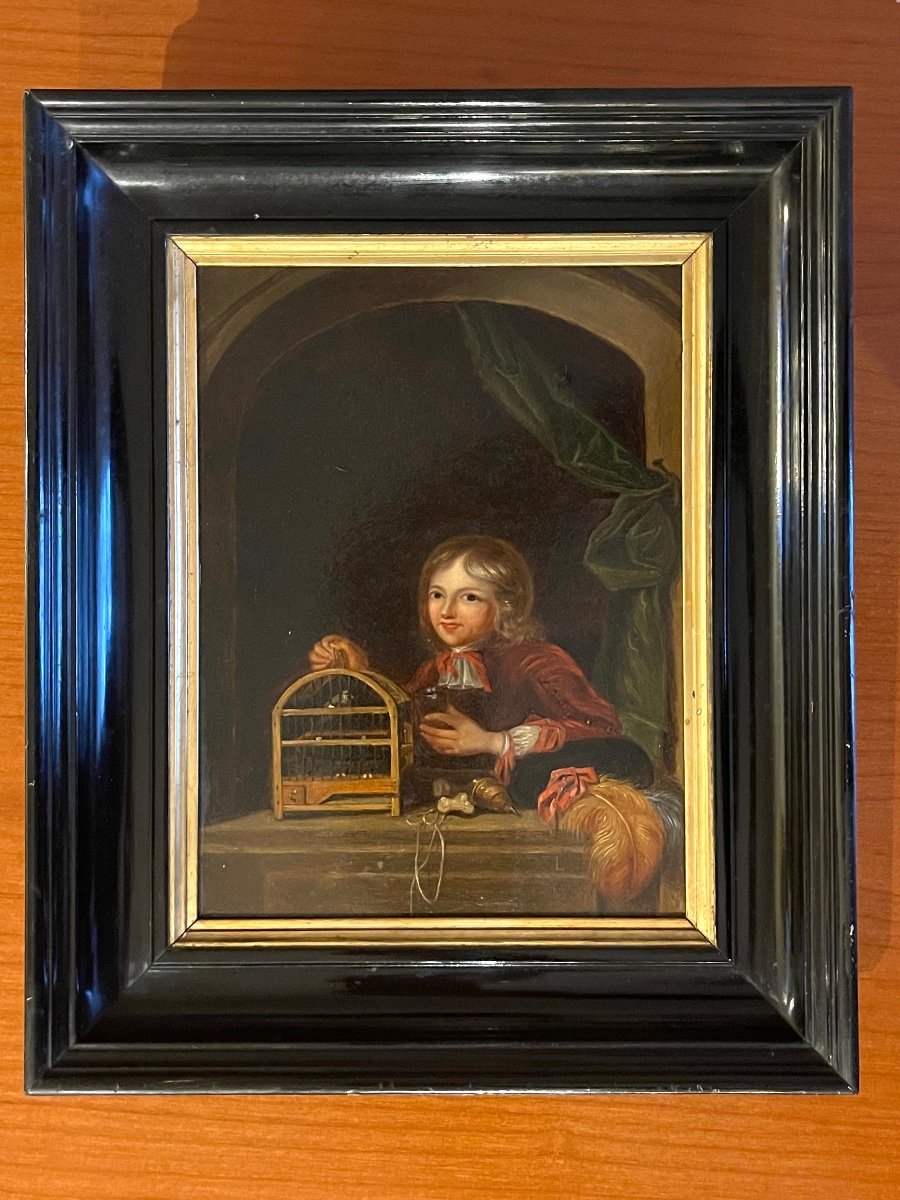 Painting, Child In A Birdcage Signed Lainé 1863 