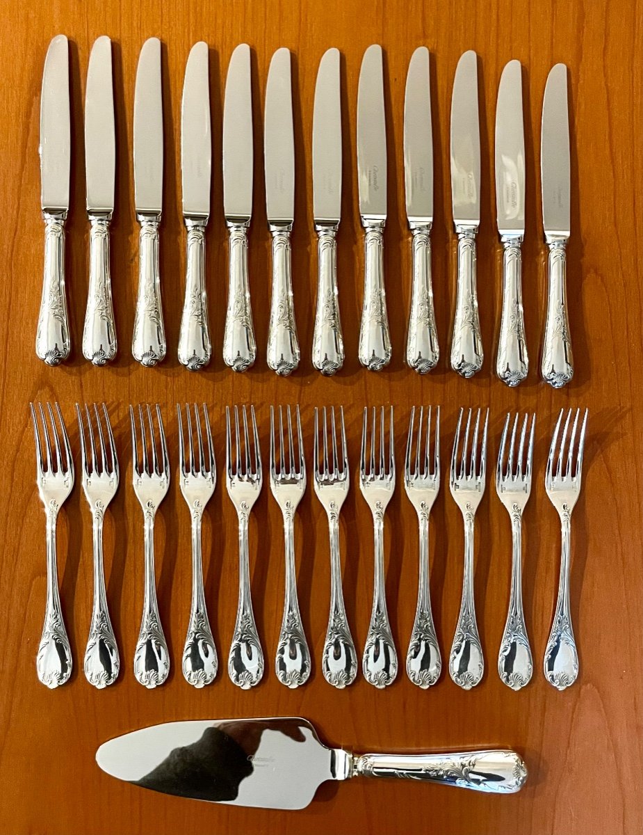 Christofle Marly Cutlery For Entremet, Cheese: 12 Knives, 12 Forks, 1 Pie Server -photo-4