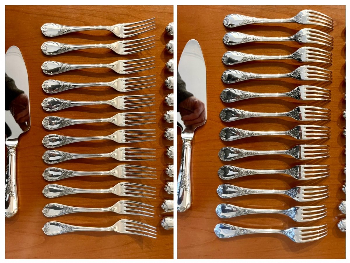 Christofle Marly Cutlery For Entremet, Cheese: 12 Knives, 12 Forks, 1 Pie Server -photo-2