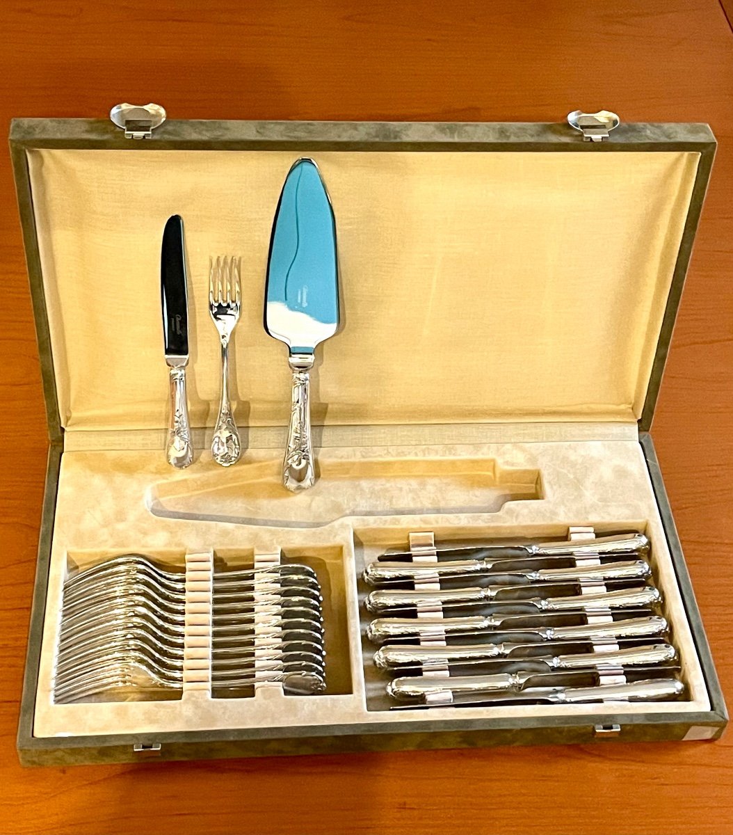 Christofle Marly Cutlery For Entremet, Cheese: 12 Knives, 12 Forks, 1 Pie Server 