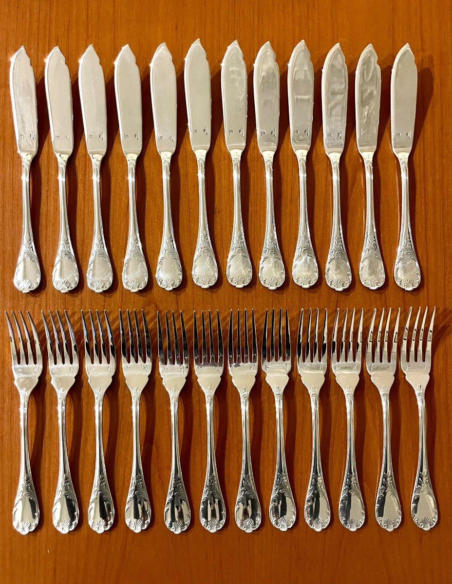 Christofle Marly 12 Fish Cutlery: 12 Knives, 12 Forks Near New Condition -photo-2