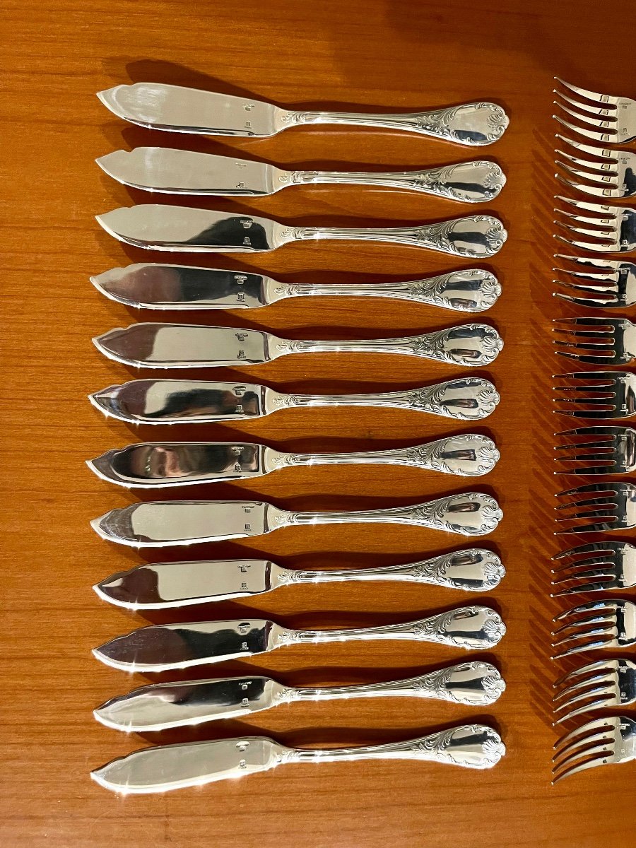 Christofle Marly 12 Fish Cutlery: 12 Knives, 12 Forks Near New Condition -photo-3