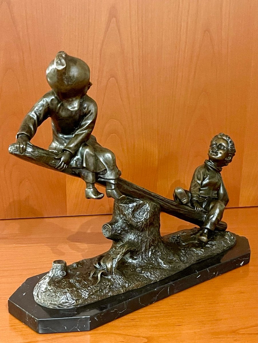 Bronze Joseph d'Aste,(1881-1945) Les Enfants à La Balançoire -photo-2