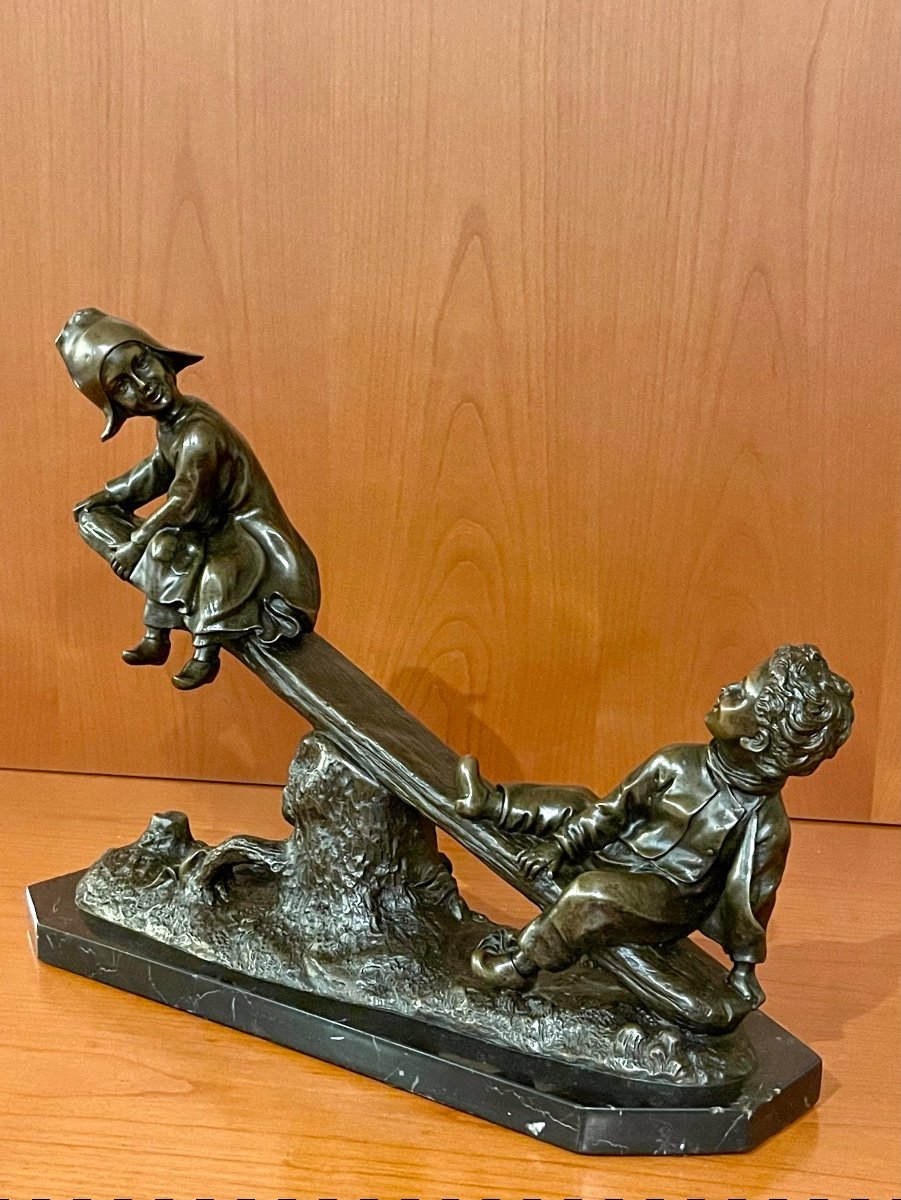 Bronze Joseph d'Aste,(1881-1945) Les Enfants à La Balançoire -photo-3