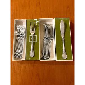 Christofle Marly 12 Fish Cutlery: 12 Knives, 12 Forks Near New Condition 