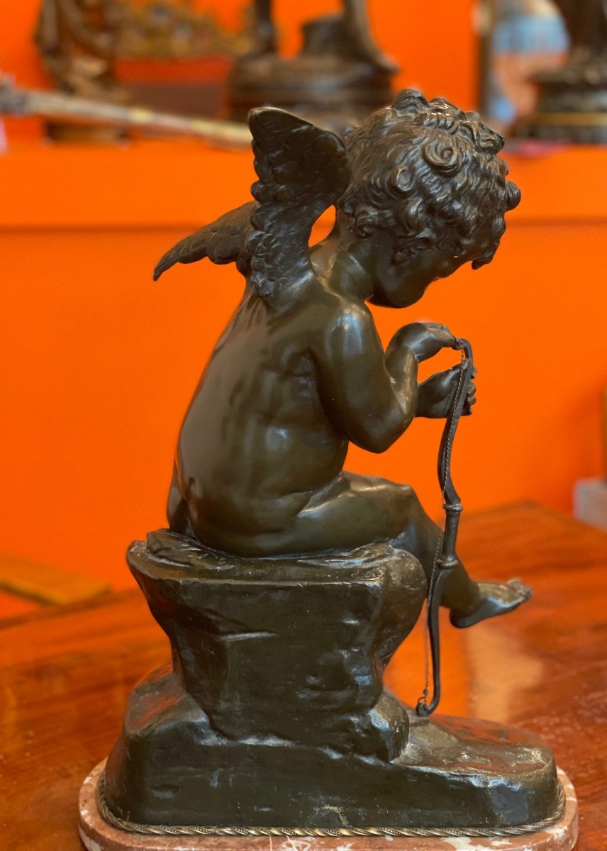 Sculpture En Bronze « cupidon Tenant Son Arc »-photo-3