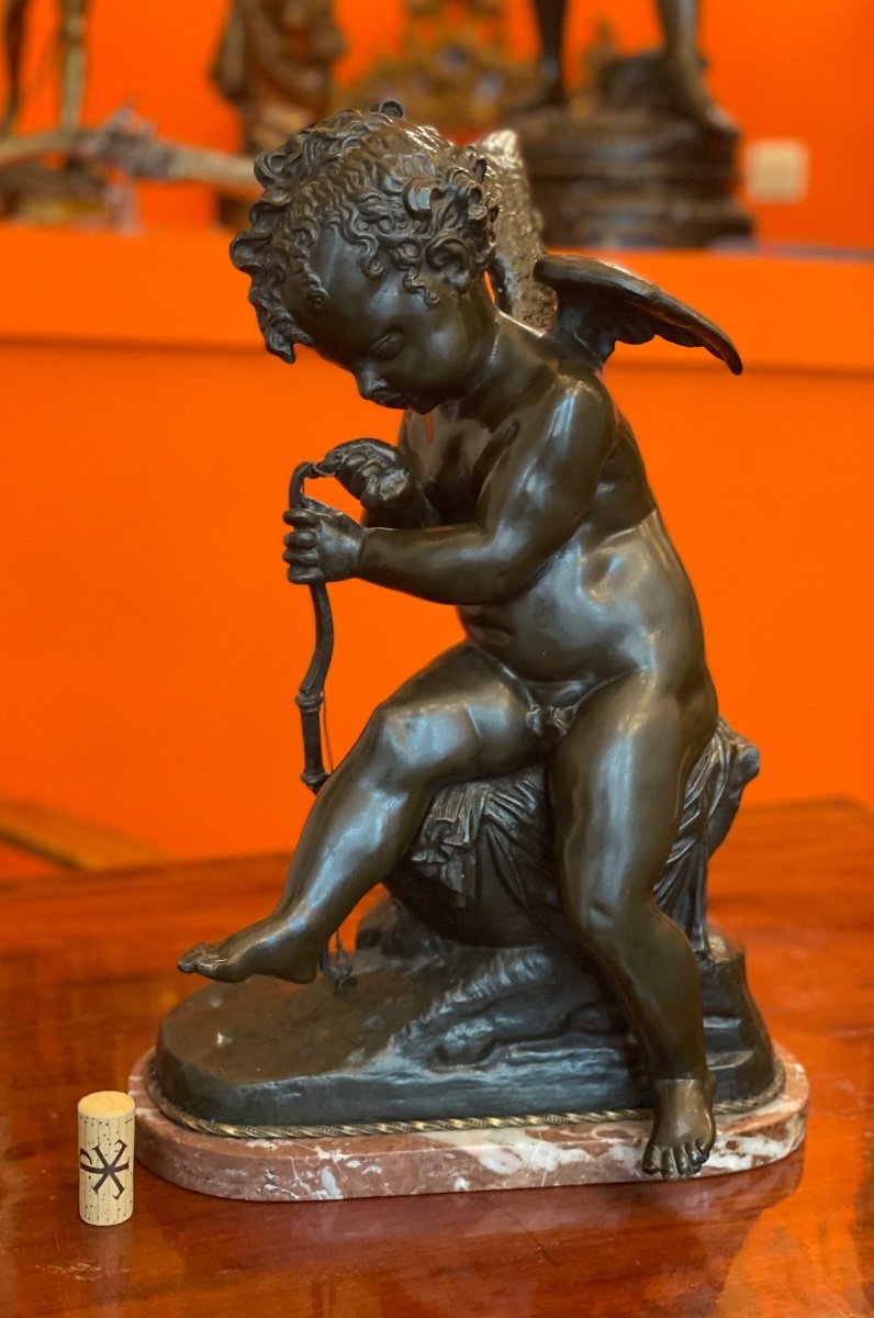 Sculpture En Bronze « cupidon Tenant Son Arc »-photo-3