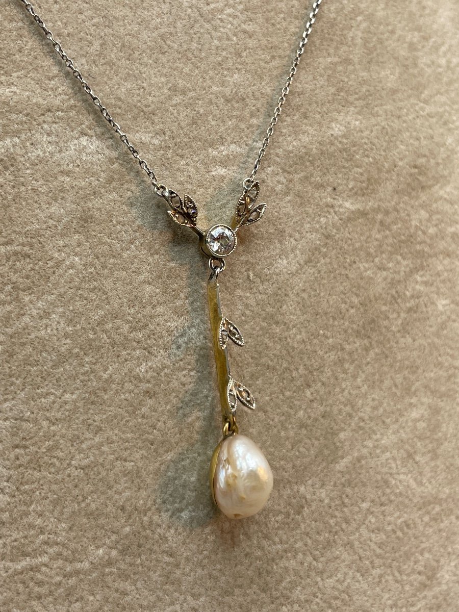 Art Nouveau Pendant Gold, Diamonds, Pearl-photo-1