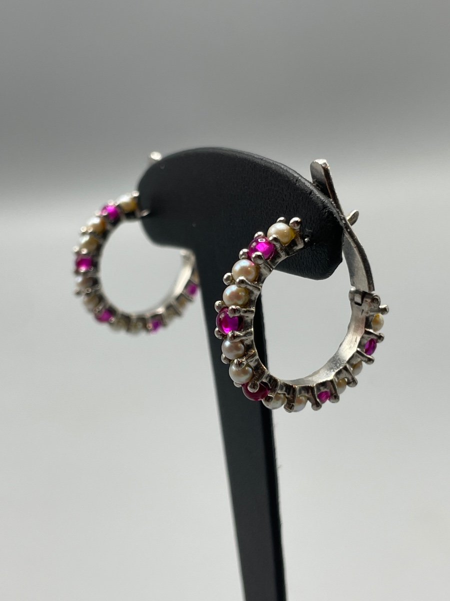 Paire De Boucles D’oreille Or, Rubis Et Perles-photo-3