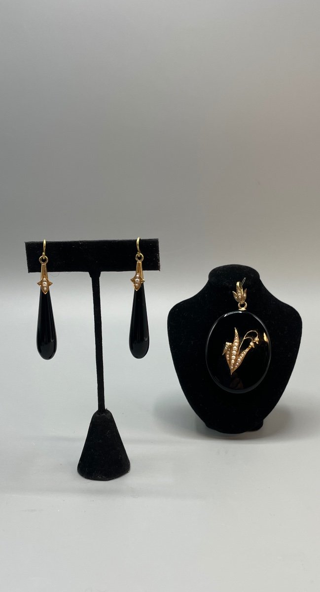 Parure Boucles D’oreille & Pendentif En Or 18ct, Onyx et perles fines-photo-6