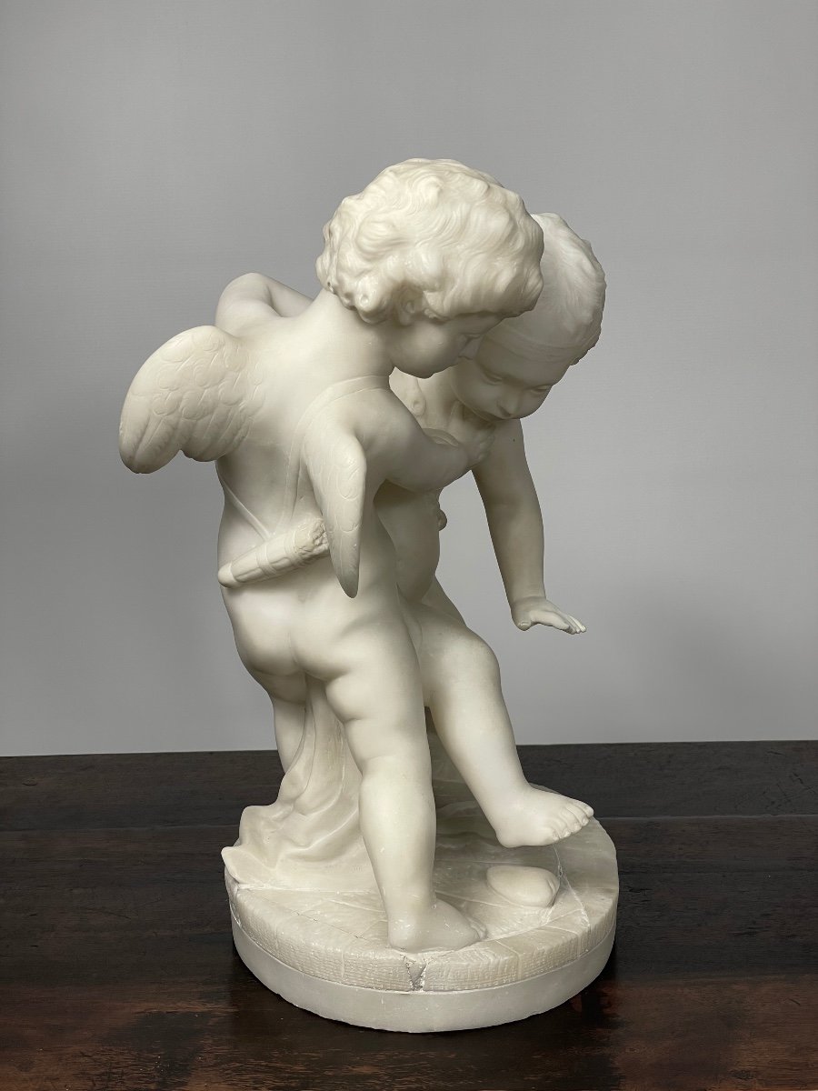 Alabaster Sculpture Of 2 Cupids 19th Century -photo-2