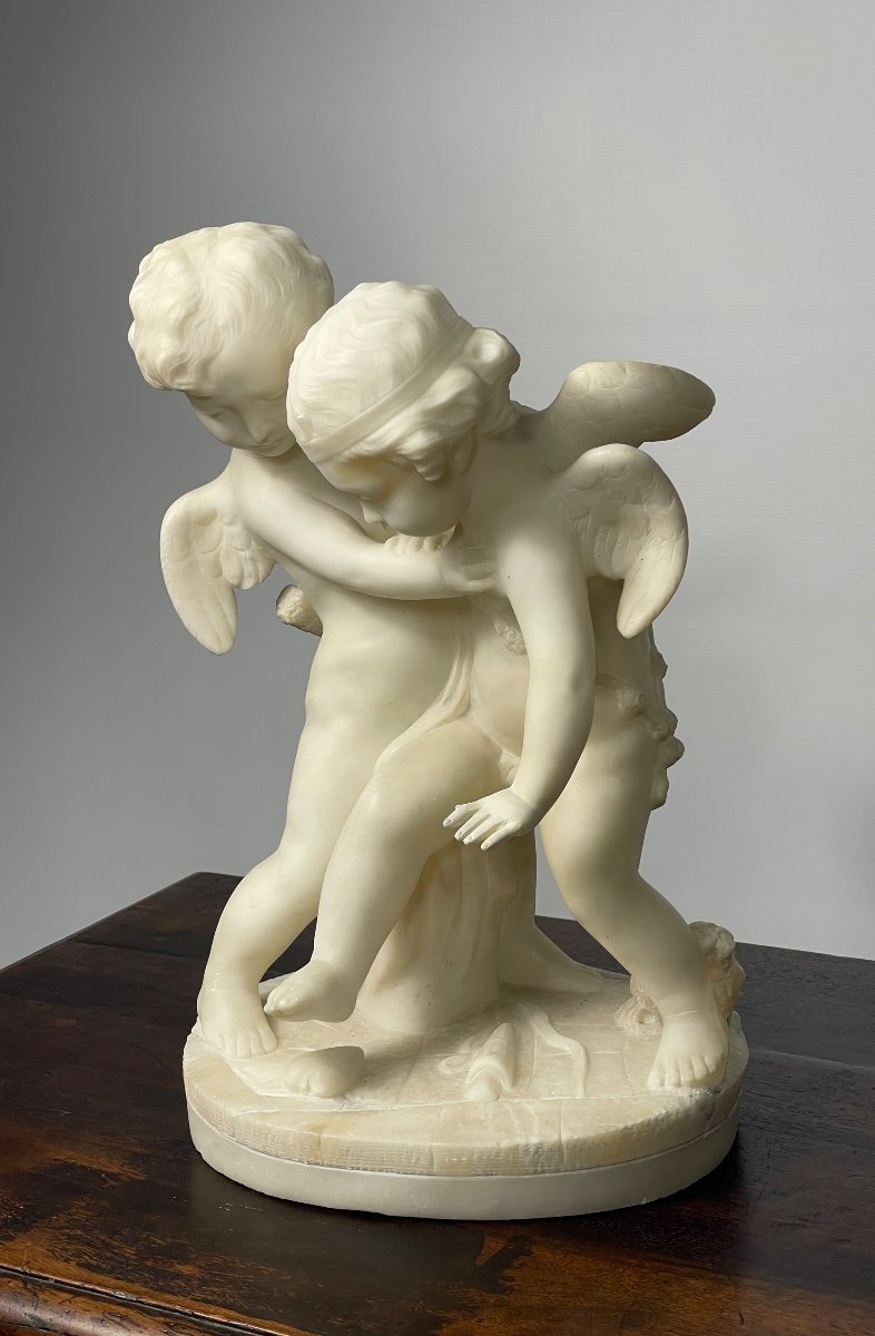 Alabaster Sculpture Of 2 Cupids 19th Century -photo-2