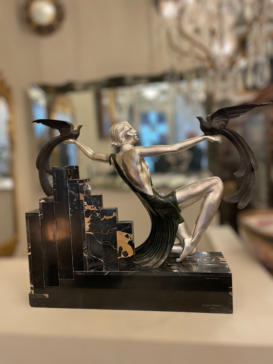 Birds Of Paradise, Art Deco Bronze, Puerto Rican Marble, Signed G. Daverny-photo-4