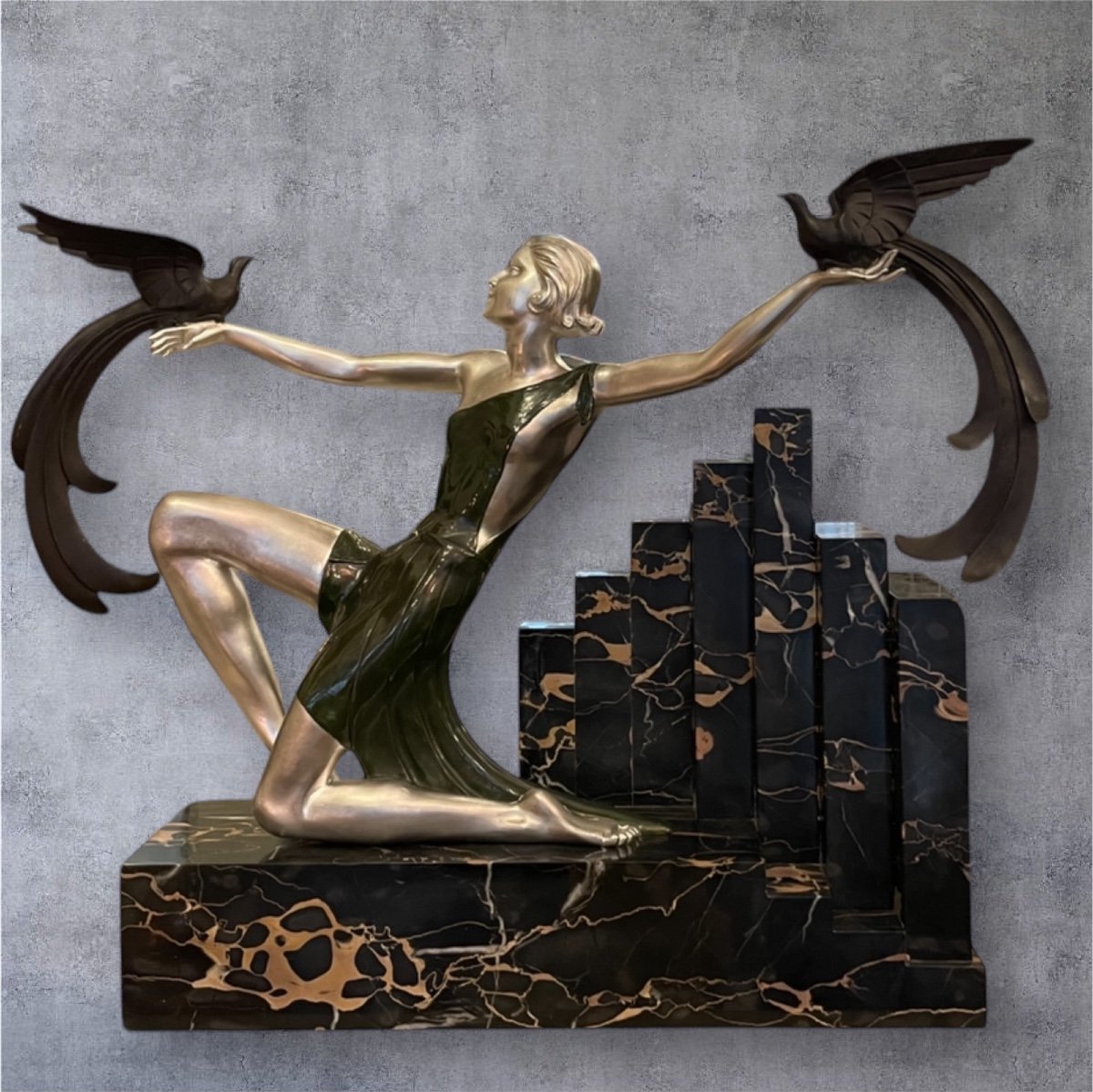 Birds Of Paradise, Art Deco Bronze, Puerto Rican Marble, Signed G. Daverny-photo-6