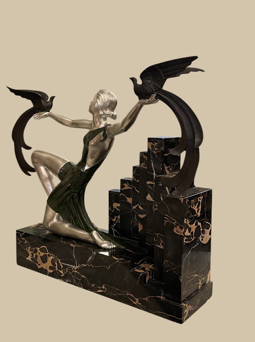 Birds Of Paradise, Art Deco Bronze, Puerto Rican Marble, Signed G. Daverny-photo-7