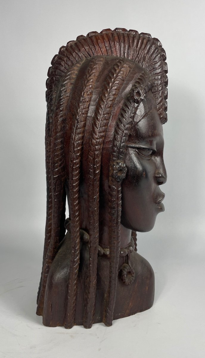 Young African Woman Solid Wood Sculpture Circa 1960-photo-2