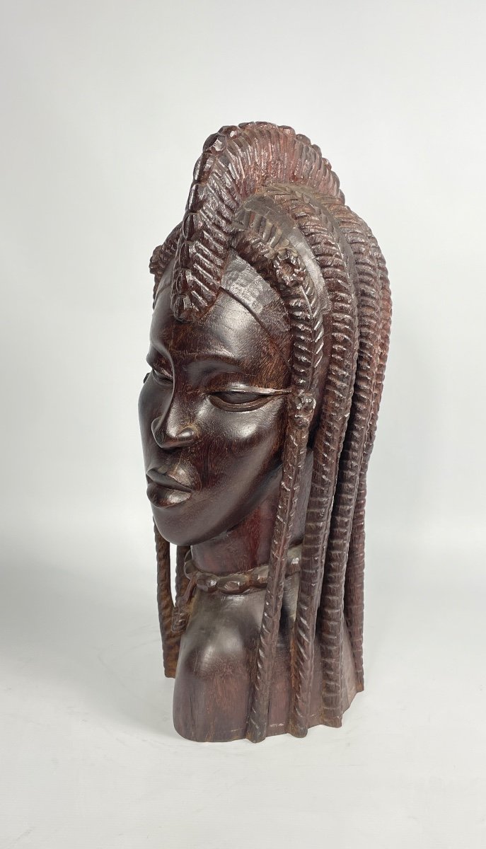 Young African Woman Solid Wood Sculpture Circa 1960-photo-3