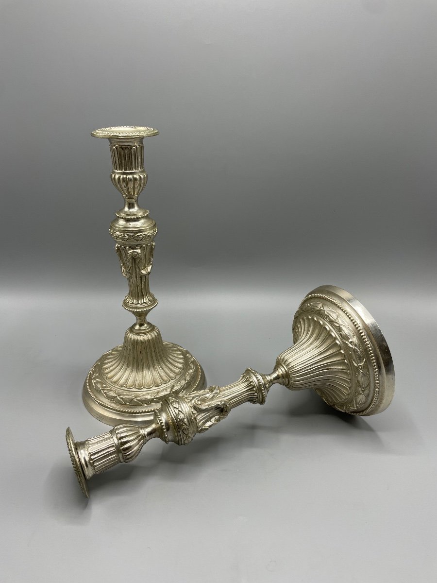 Paire De Candélabre En Bronze Argenté Style Louis XVI-photo-2