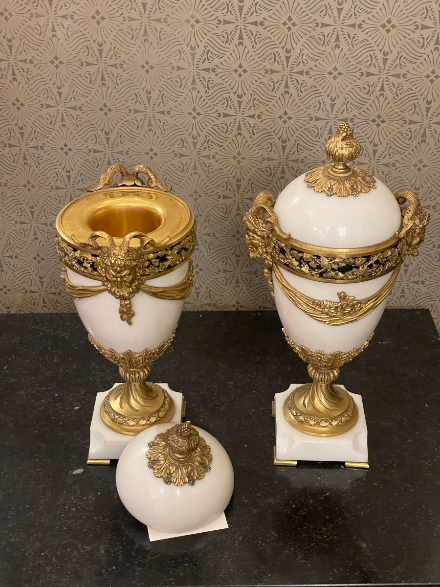 Pair Of Louis XVI Style Marble And Bronze Covered Vases-photo-3