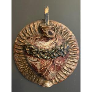 « cœur Du Christ » Bois Sculpté Polychrome 