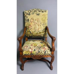 Louis XIV Style Armchair Covered With A Tapestry With Small Polychrome Dots