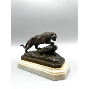 Bronze Sculpture Panther On The Lookout By Antoine Louis Barye