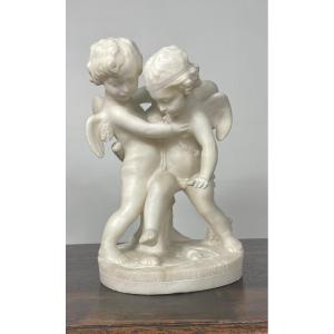 Sculpture En Albâtre De 2 Amours  XIX Siècle 