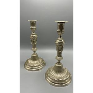 Pair Of Louis XVI Style Silver Plated Bronze Candelabra