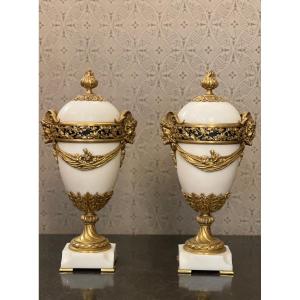 Pair Of Louis XVI Style Marble And Bronze Covered Vases