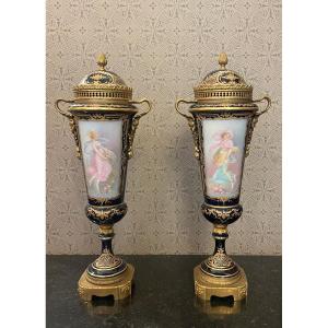 Pair Of 19th Century Blue Sevres Porcelain Vases 