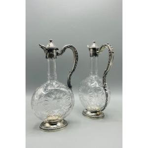 Paire De Carafe En Argent Et Cristal Style Régence 