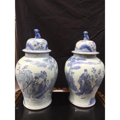 Pair Of White Blue Potiche China