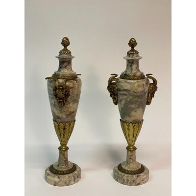 Pair Of Covered Vase, Marble And Bronze 