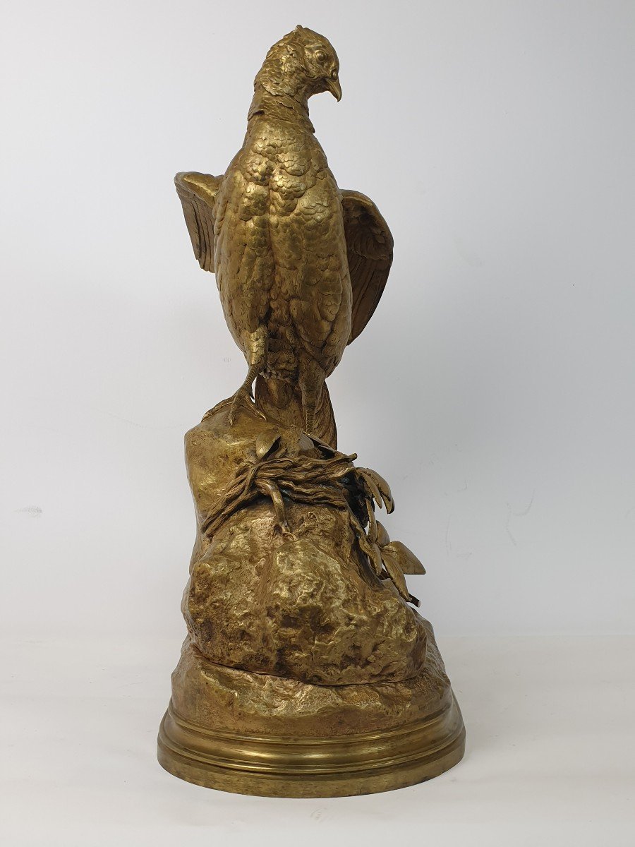 Large Bronze Figure Pheasant And Fox A. Dubucand 70 Cm-photo-2