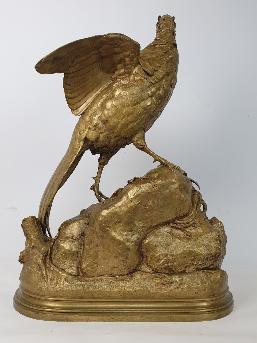 Large Bronze Figure Pheasant And Fox A. Dubucand 70 Cm-photo-3