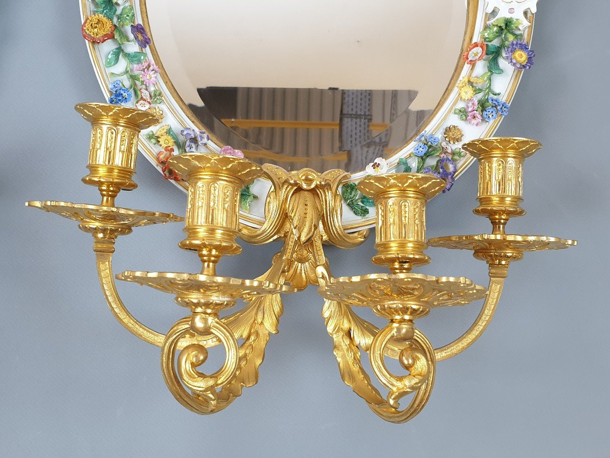 Paire De Meissen Appliques Miroirs Porcelaine Bronze Dore 1870-photo-1